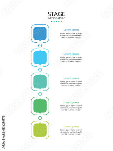 5 Elements placed in vertical row. Concept of 5 successive steps of project development process. Flat infographic design template. Simple vector illustration for business analytics.