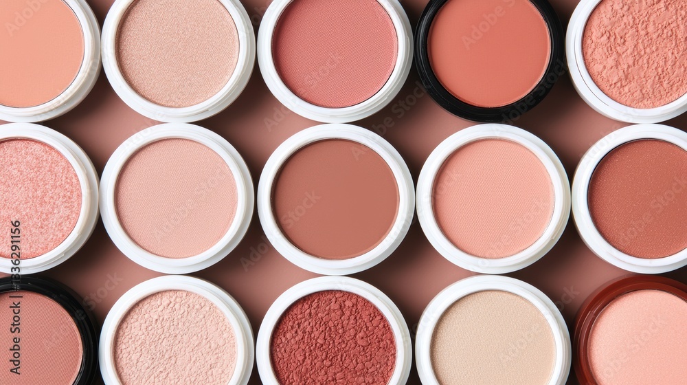 Fototapeta premium collection of soft earth toned makeup shades in round containers arranged neatly