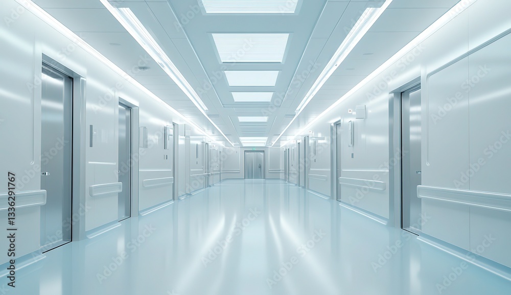 Obraz premium Sterile Hospital Corridor Interior Design Cleanroom, Medical Facility, Modern Architecture