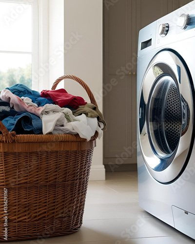 wicker basket, dirty clothes, washing machine, laundry basket, home laundry, laundry pile, unwashed clothes, household chores, fabric care, messy laundry, clothing storage, wash day, laundry hamper, w