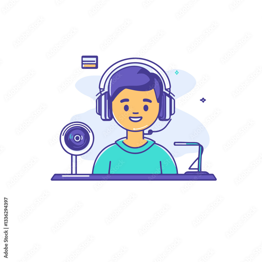 Customer support icon with headset and webcam in modern flat design Customer support icon with headset and webcam in modern flat design