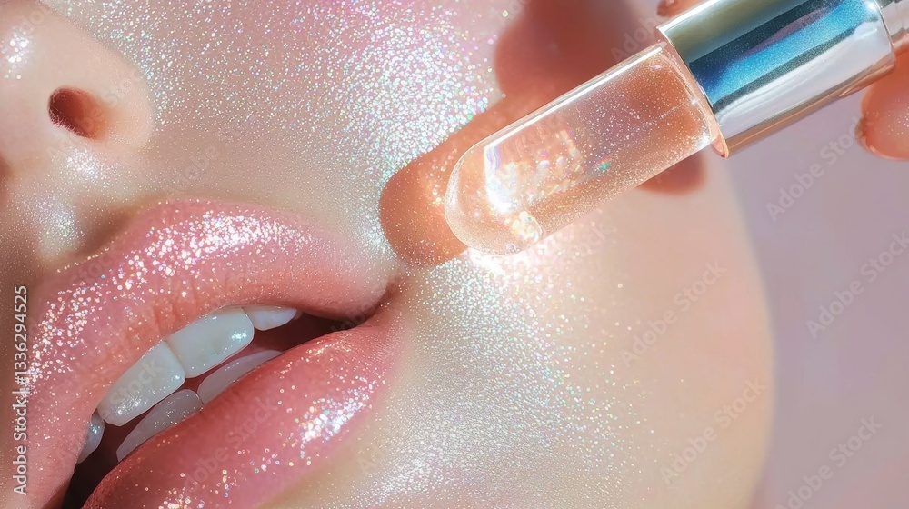 Fototapeta premium Close up of glossy lips with shimmering makeup and glowing lip gloss applicator