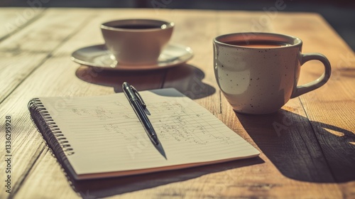 Two cups of coffee and a notepad on a wooden table