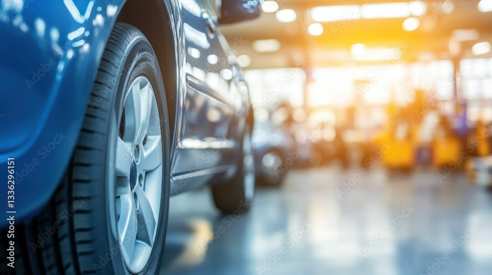 A Blue Car Wheel And Vehicle In A Workshop Environment