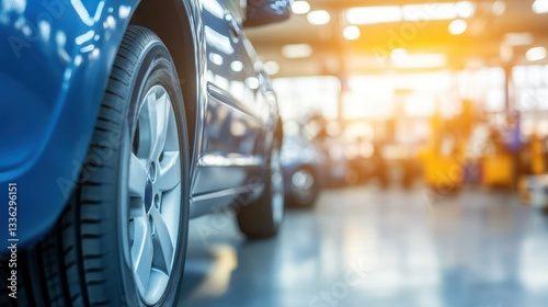 A Blue Car Wheel And Vehicle In A Workshop Environment