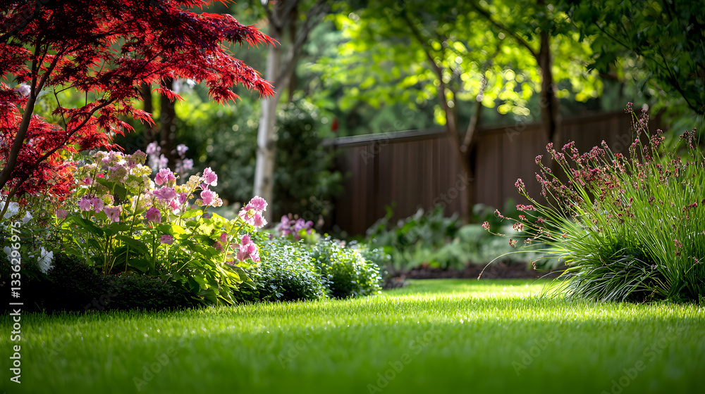 Beautiful blurred background image of spring nature with a neatly trimmed lawn surrounded by trees against a blue sky with clouds on a bright sunny day. Beautiful blurred background image of spring nature with a neatly trimmed lawn surrounded by trees against a blue sky with clouds on a bright sunny day.