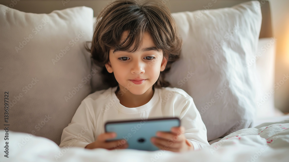 Child engaged with smartphone while sitting comfortably in bed Child engaged with smartphone while sitting comfortably in bed