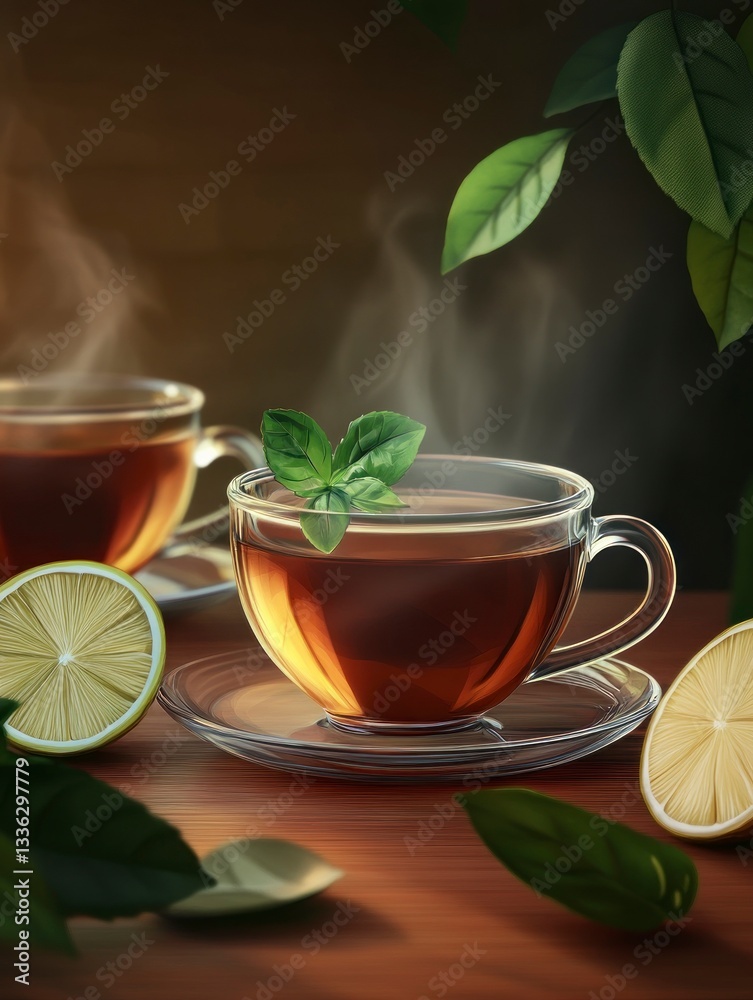 Serving Hot Tea with Lemon and Mint in Glass Cups Still Life Serving Hot Tea with Lemon and Mint in Glass Cups Still Life