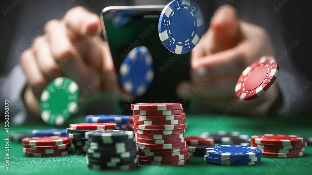Naklejka premium Poker chips fly as player engages in online gambling with smartphone in a lively setting