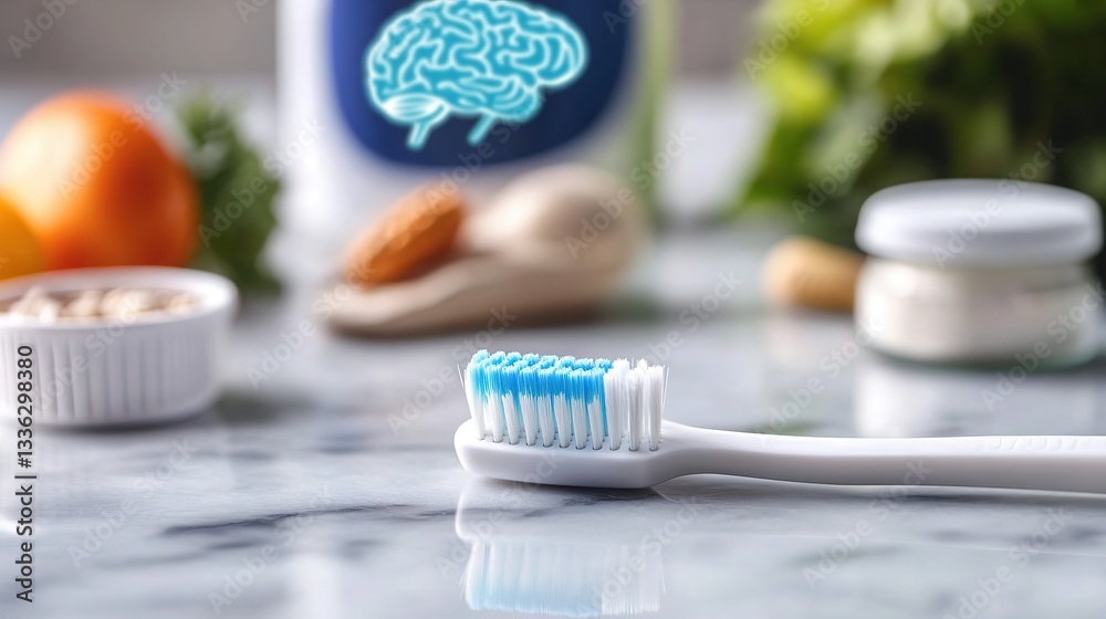 Dental floss and toothbrush with brain scan and food, emphasizing oral health's role in stroke prevention.
Dental floss and toothbrush with brain scan and food, emphasizing oral health's role in stroke prevention.