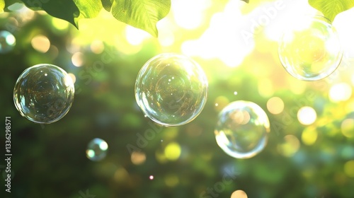 Clear soapy bubbles float against the green leaves in sunlight