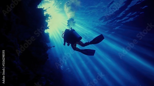 Wallpaper Mural A Scuba Diver Swimming Underwater With Light Rays Shining Down Torontodigital.ca