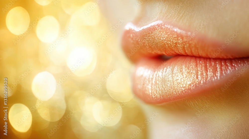 Fototapeta premium Close-up of glossy, peach-toned lips with subtle shimmer, against a blurred gold bokeh background