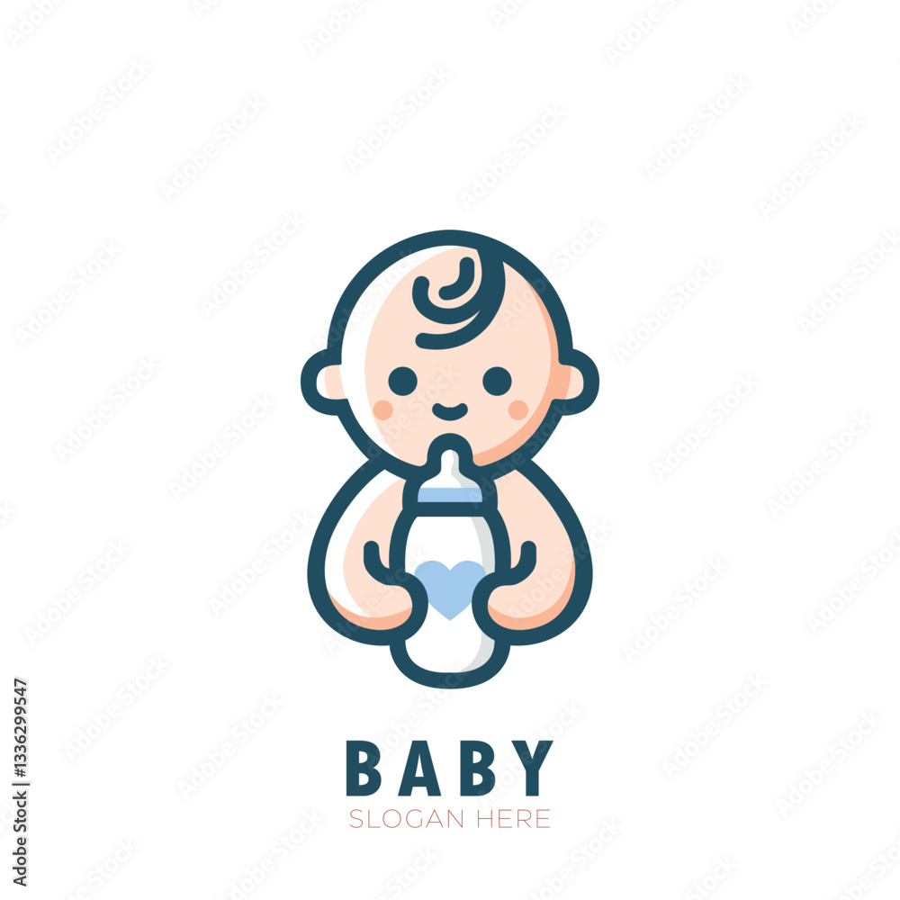 Cute little baby with baby milk bottle.