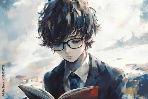 A digital painting capturing the portrait of a boy with glasses, deeply engrossed in reading a book. The soft, detailed brushstrokes highlight his concentration and the warmth of the moment, creating 
