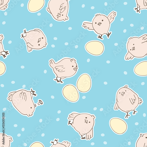 Adorable chicken vector seamless pattern on dotted blue background. Cute design for textile, wrapping paper, fabric, wallpaper.