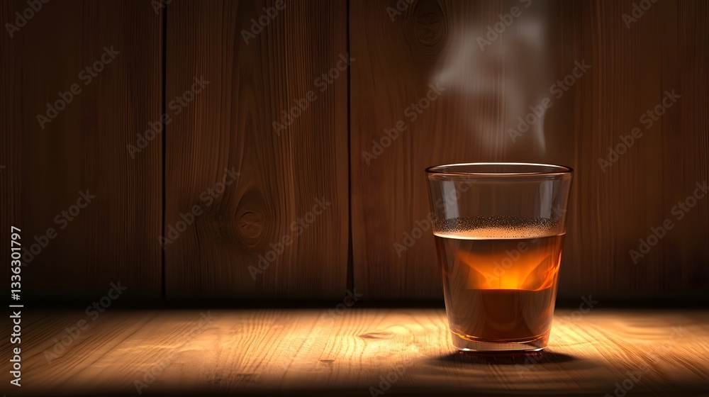 A steaming hot espresso shot served in a glass, dark wooden background, rich, velvety texture, luxurious feel A steaming hot espresso shot served in a glass, dark wooden background, rich, velvety texture, luxurious feel