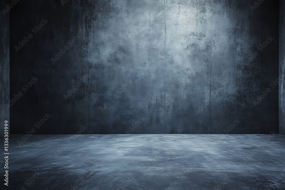 Dark, moody interior with textured concrete walls and floor, lit by a single light source. Dark, moody interior with textured concrete walls and floor, lit by a single light source.