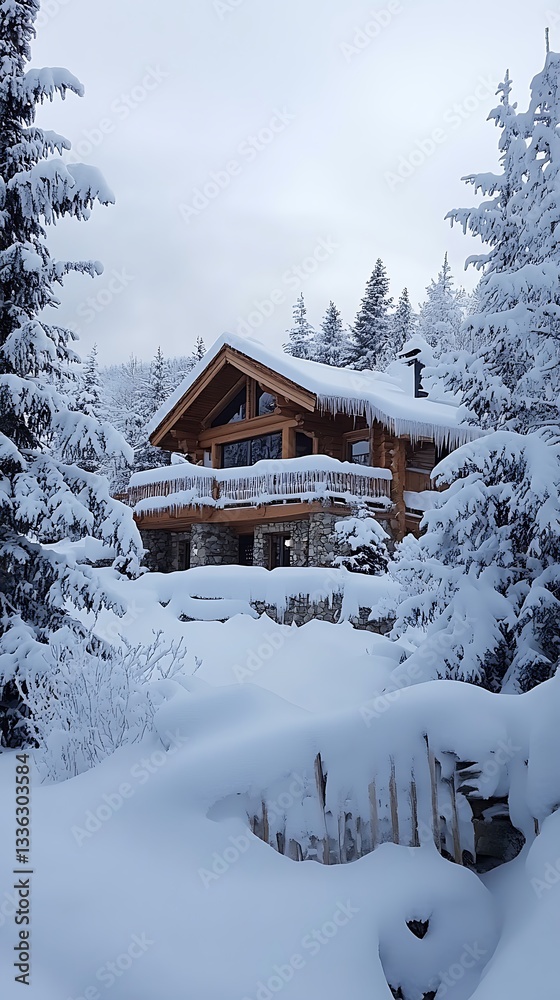 charming wooden chalets in snowy mountain town image