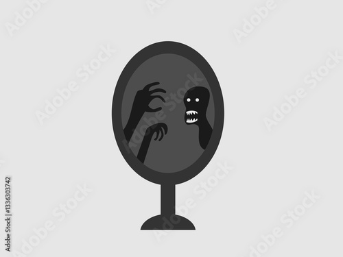a chilling scene of a ghostly figure with sharp teeth and outstretched hands reflected in an oval mirror against a plain background