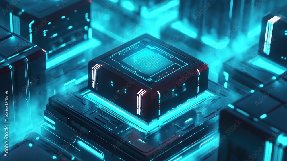 Fototapeta premium Advanced computing infrastructure showcasing intricate circuitry and neon illumination