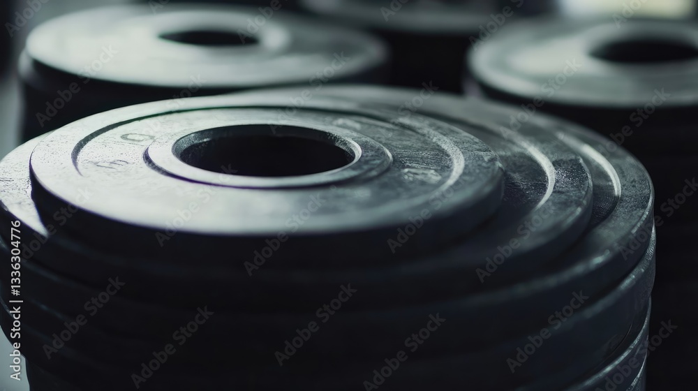 A close-up view of stacked weight plates in a gym, showcasing their texture and shadows under bright lighting A close-up view of stacked weight plates in a gym, showcasing their texture and shadows under bright lighting