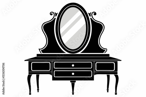 vanity table with mirror line art silhouette vector illustration