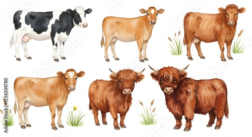 Watercolor illustration showcasing various breeds of cattle on a white backdrop photo
