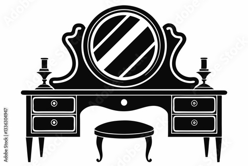 vanity table with mirror line art silhouette vector illustration