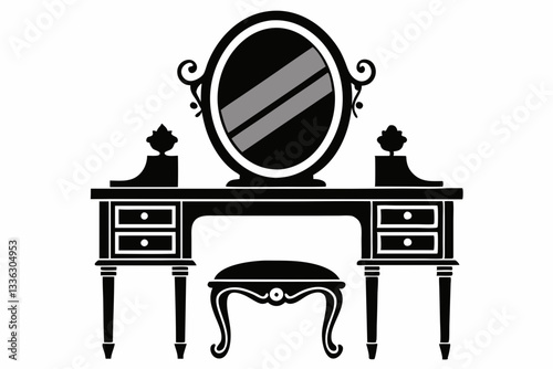 vanity table with mirror line art silhouette vector illustration