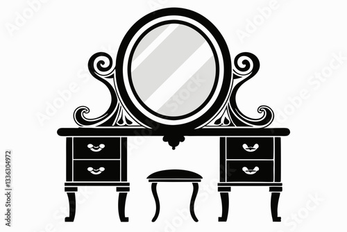 vanity table with mirror line art silhouette vector illustration