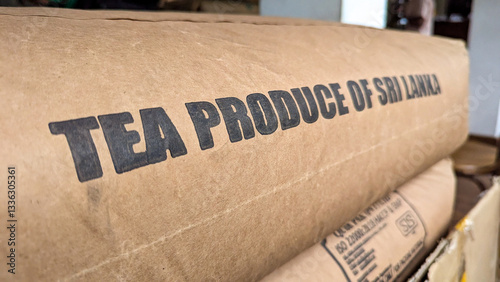 Large sacks of tea produce of Sri Lanka in factory at tea plantation estate in highlands of Sri Lanka