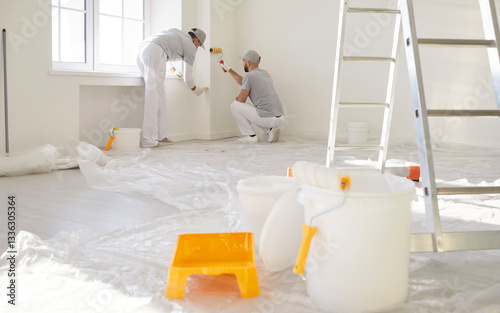 Team of two men construction workers painters painting walls with paint rollers, doing house repair or renovation, posing in empty room with equipment, working on interior design going to finish task 
