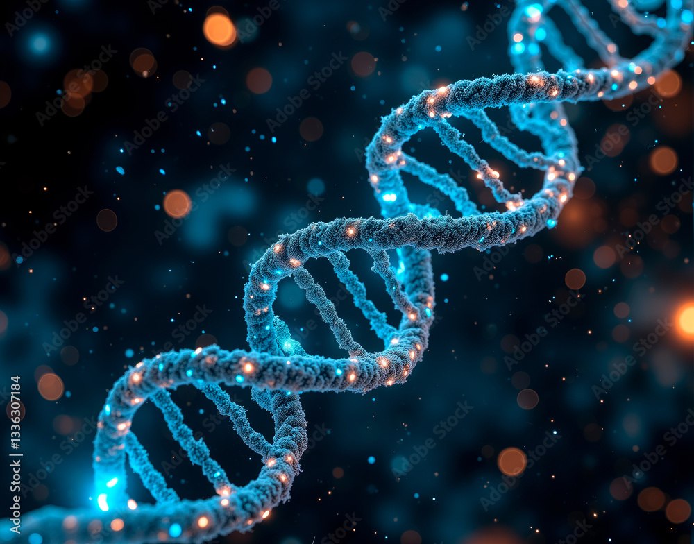 A DNA double-helix molecule rotating in zero gravity, its atomic structure glowing with bioluminescent energy. A DNA double-helix molecule rotating in zero gravity, its atomic structure glowing with bioluminescent energy.