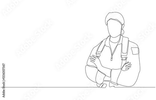 Continuous one line drawing of female fighter pilot crossing arms, air force pilot concept, single line art