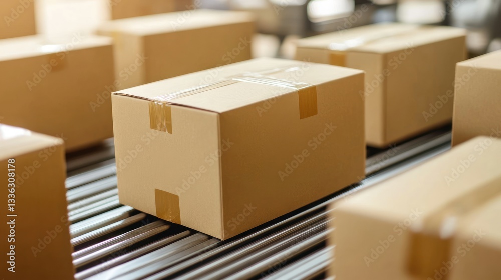 Cardboard boxes moving along a conveyor belt in warehouse or factory Cardboard boxes moving along a conveyor belt in warehouse or factory