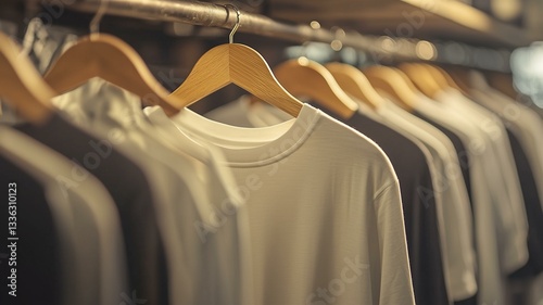 Ultra-realistic t-shirt mockup hanging on a wooden hanger in a modern boutique setting
 photo