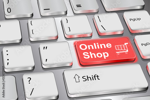 Red keyboard button with an inscription "Online Shop" in vector graphics.
