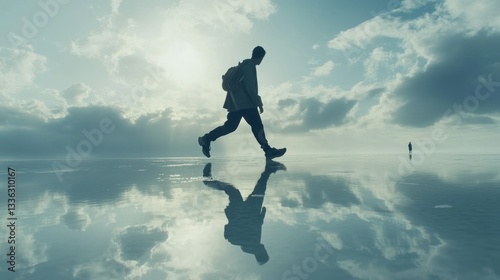 Wallpaper Mural A lone person walks across a flat reflective water surface Torontodigital.ca