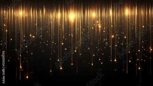 Sparkling golden rain with glitter particles on a dark black backdrop for a luxury design feel
