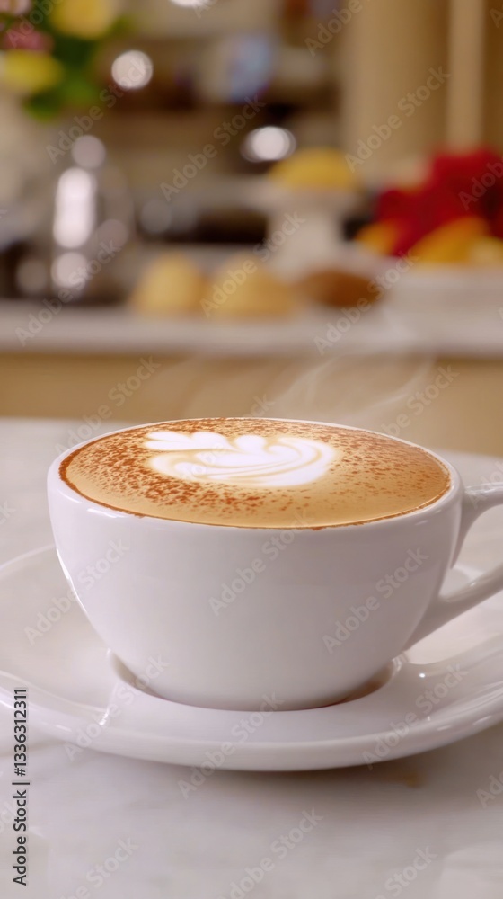 A steaming cup of cappuccino with beautiful art on top A steaming cup of cappuccino with beautiful art on top