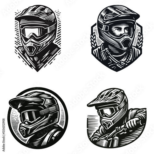 Moto rider helmet Engrave vector illustration logo icon