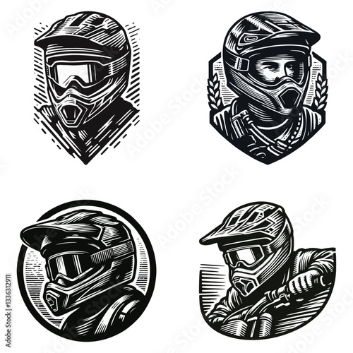 Moto rider helmet Engrave vector illustration logo icon