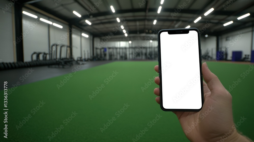 A hand holding a blank screen phone in a gym setting A hand holding a blank screen phone in a gym setting