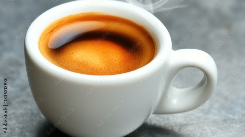 A small white cup is filled with fresh steaming coffee A small white cup is filled with fresh steaming coffee