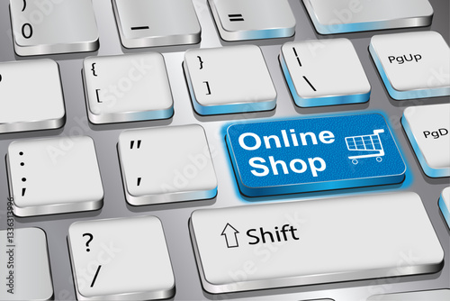 A blue black keyboard button with an inscription "Online Shop" in vector graphics.
