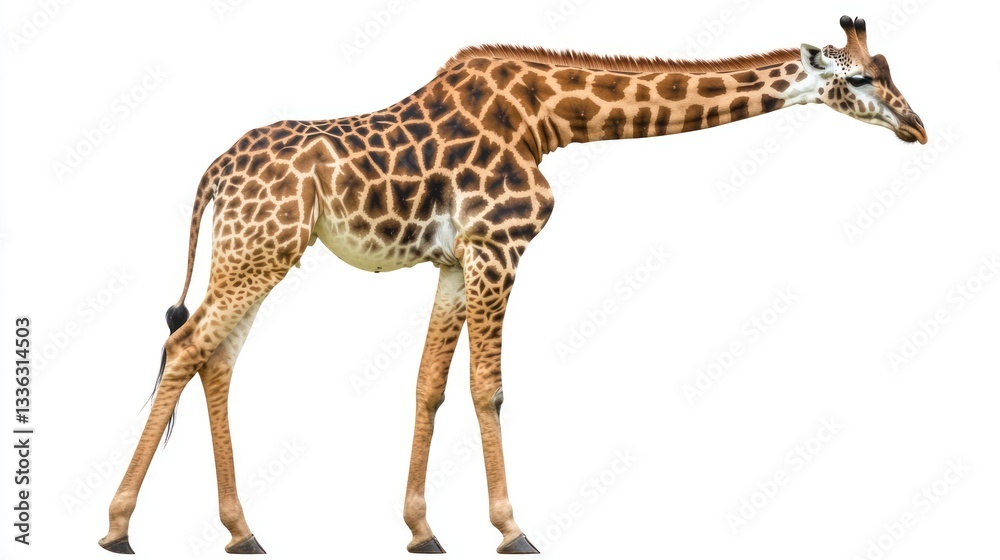 Fototapeta premium An isolated giraffe with distinctive spots and extended neck