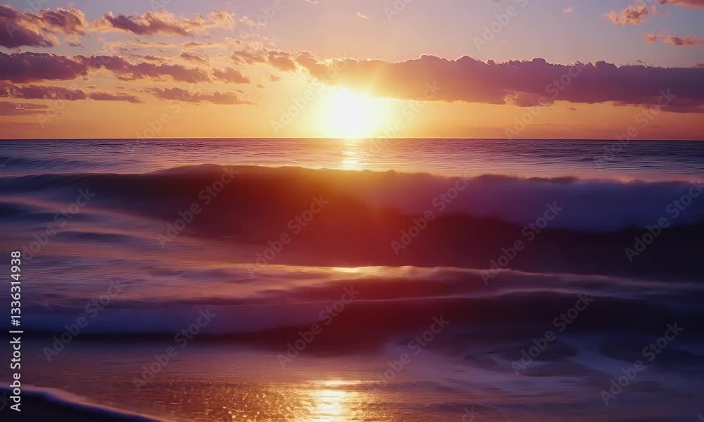 Sunrise over ocean waves, peaceful beach scene, vibrant colors, calming nature background, perfect for travel brochures