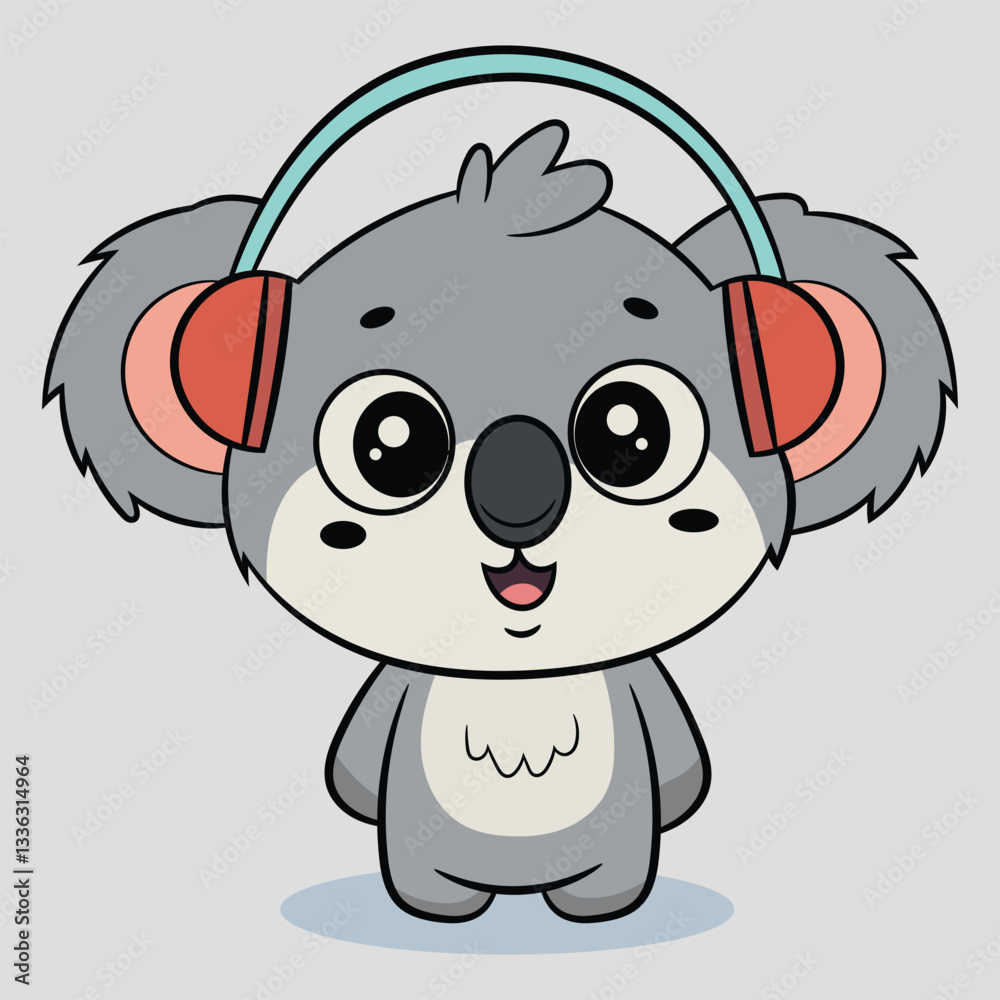 Fototapeta premium Cute Koala Listening Music With Earphone Cartoon Vector Illustration