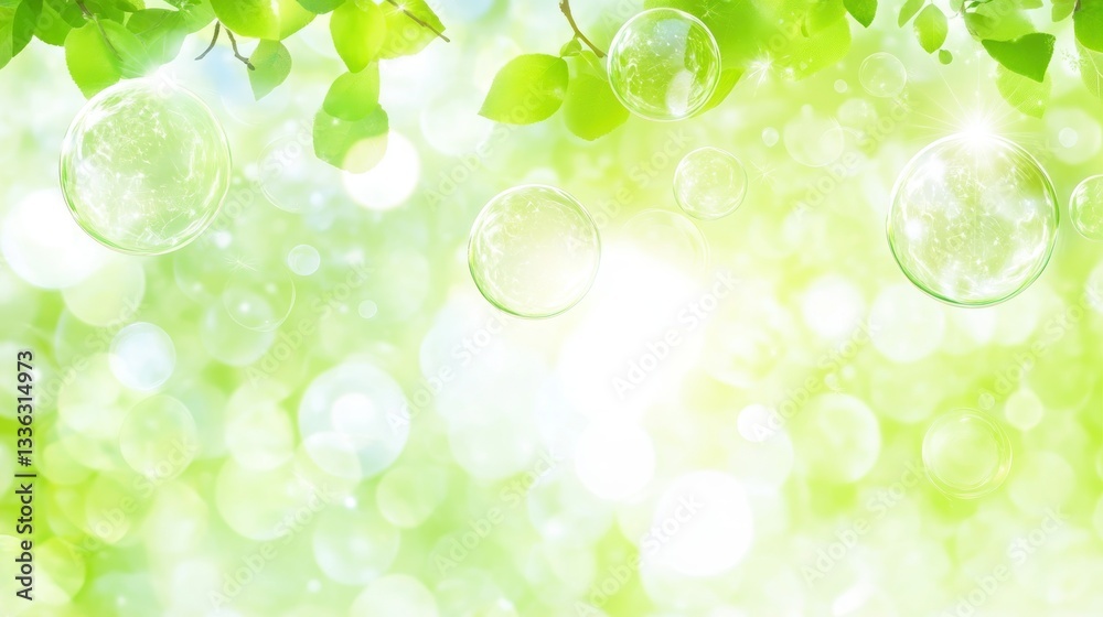 Beautiful green scenery with floating bubbles and leaves above sunshine Beautiful green scenery with floating bubbles and leaves above sunshine